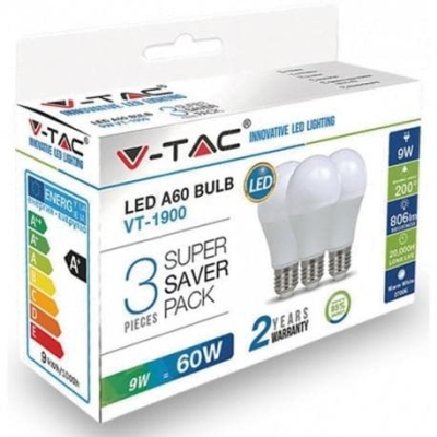 Комплект 3 бр. LED крушки 9W Е27 4000K V-TAC