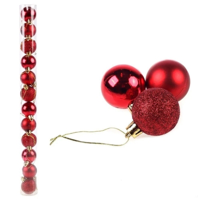 Комплект 12 броя коледни топки за елха в тубус ЧЕРВЕНИ - 4 см