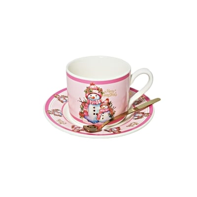 Коледна розова чаша с чинийка и лъжичка в кутия Snowman