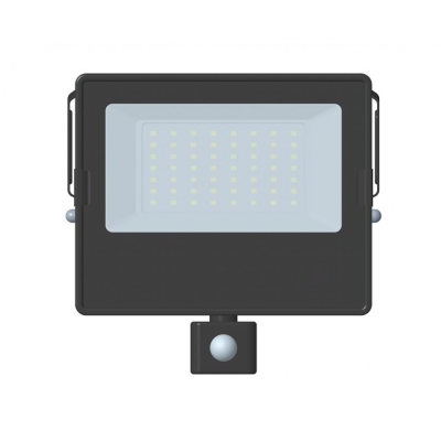 LED прожектор ELS 30W с датчик за движение – 4000K, 2400 lm, IP65 LED прожектор ELS с мощност 30W и вграден сензор за движение, подходящ за осветяване на дворове, фасади, гаражи, входове и други външни пространства. Излъчва неутрална бяла светлина с цвет