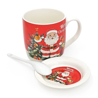 Керамична коледна чаша с чинийка и лъжичка в кутия Merry Christmas Santa Claus