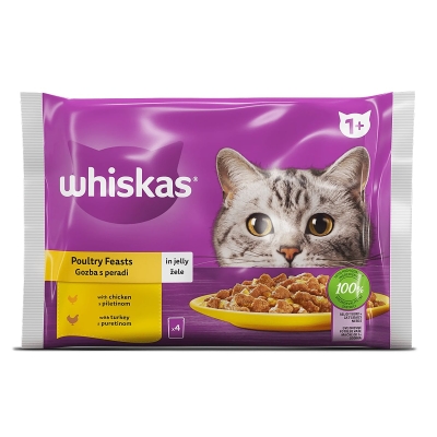 Пълноценна храна за котки WHISKAS 1+ ЯСТИЯ с ПТИЧЕ в желе - ПАУЧ / 4 × 85 г