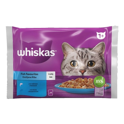 Пълноценна храна за котки WHISKAS 1+ любими РИБИ в желе - ПАУЧ / 4 × 85 г