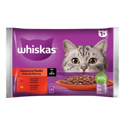 Пълноценна храна за котки WHISKAS 1+ КЛАСИЧЕСКИ ЯСТИЯ в сос - ПАУЧ / 4 × 85 г