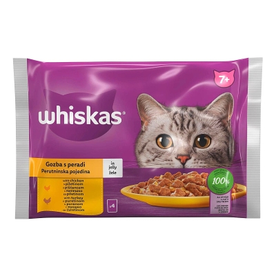 Пълноценна храна за котки WHISKAS 7+ ЯСТИЯ с ПТИЧЕ в желе - ПАУЧ / 4 × 85 г