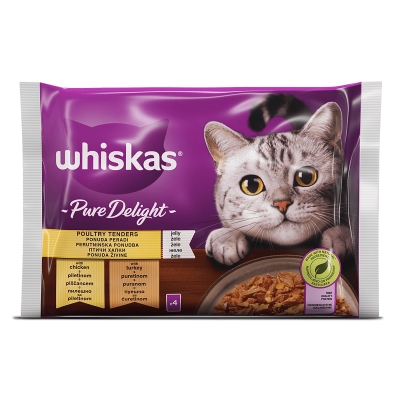 Пълноценна храна за котки WHISKAS Pure Delight 1+ ПТИЧИ ХАПКИ в желе - ПАУЧ / 4 × 85 г