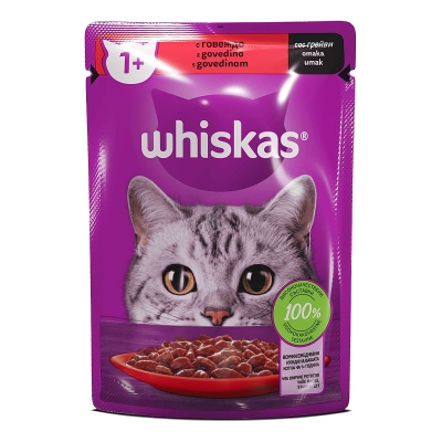 Пълноценна храна за котки WHISKAS 1+ с говеждо в сос грейви - ПАУЧ / 85 г