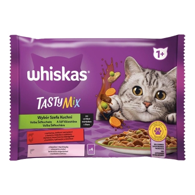 Пълноценна храна за котки WHISKAS Tasty Mix 1+ ИЗБОРЪТ НА ГОТВАЧА в сос - ПАУЧ / 4 × 85 г