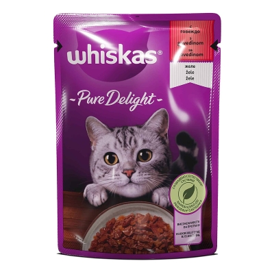 Пълноценна храна за котки WHISKAS Pure Delight с говеждо в желе - ПАУЧ / 85 г