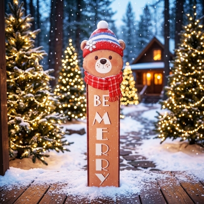 Коледна метална табела със стойка Christmas Bear – 20 x 80 см