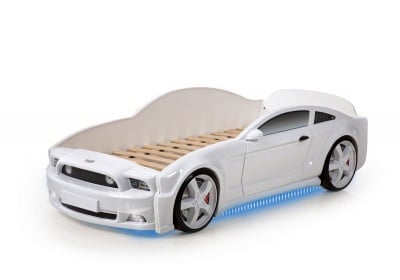 Светещо легло - кола с триизмерен дизайн бял Мустанг