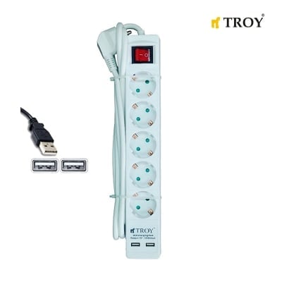 Разклонител с кабел и 2 броя USB порта TROY - 5 гнезда