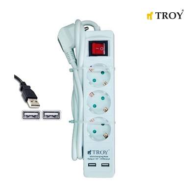 Разклонител с кабел и  2 броя USB порта TROY - 3 гнезда
