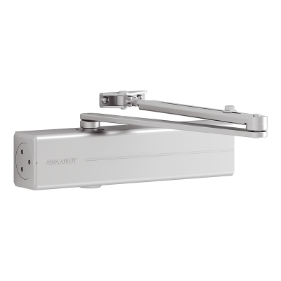 Автомат за затваряне на врати ASSA ABLOY DC300 със зъбна рейка и свързващо рамо за еднокрили врати с ширина до 140 см - СРЕБРИСТ