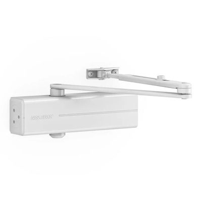 Автомат за затваряне на врати ASSA ABLOY DC140 със зъбна рейка и свързващо рамо за еднокрили врати с ширина до 125 см - БЯЛ