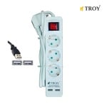 Разклонител с кабел и  2 броя USB порта TROY - 3 гнезда
