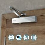 Автомат за затваряне на врати ASSA ABLOY DC300 със зъбна рейка и свързващо рамо за еднокрили врати с ширина до 140 см - СРЕБРИСТ